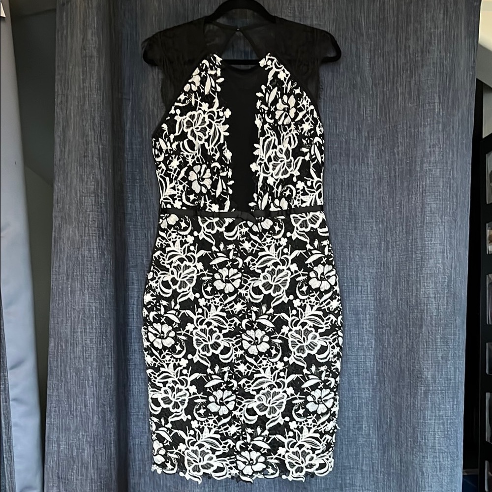 Womens 10 Lipsy Elegant Black and White midi Lace Dress cutout and knit